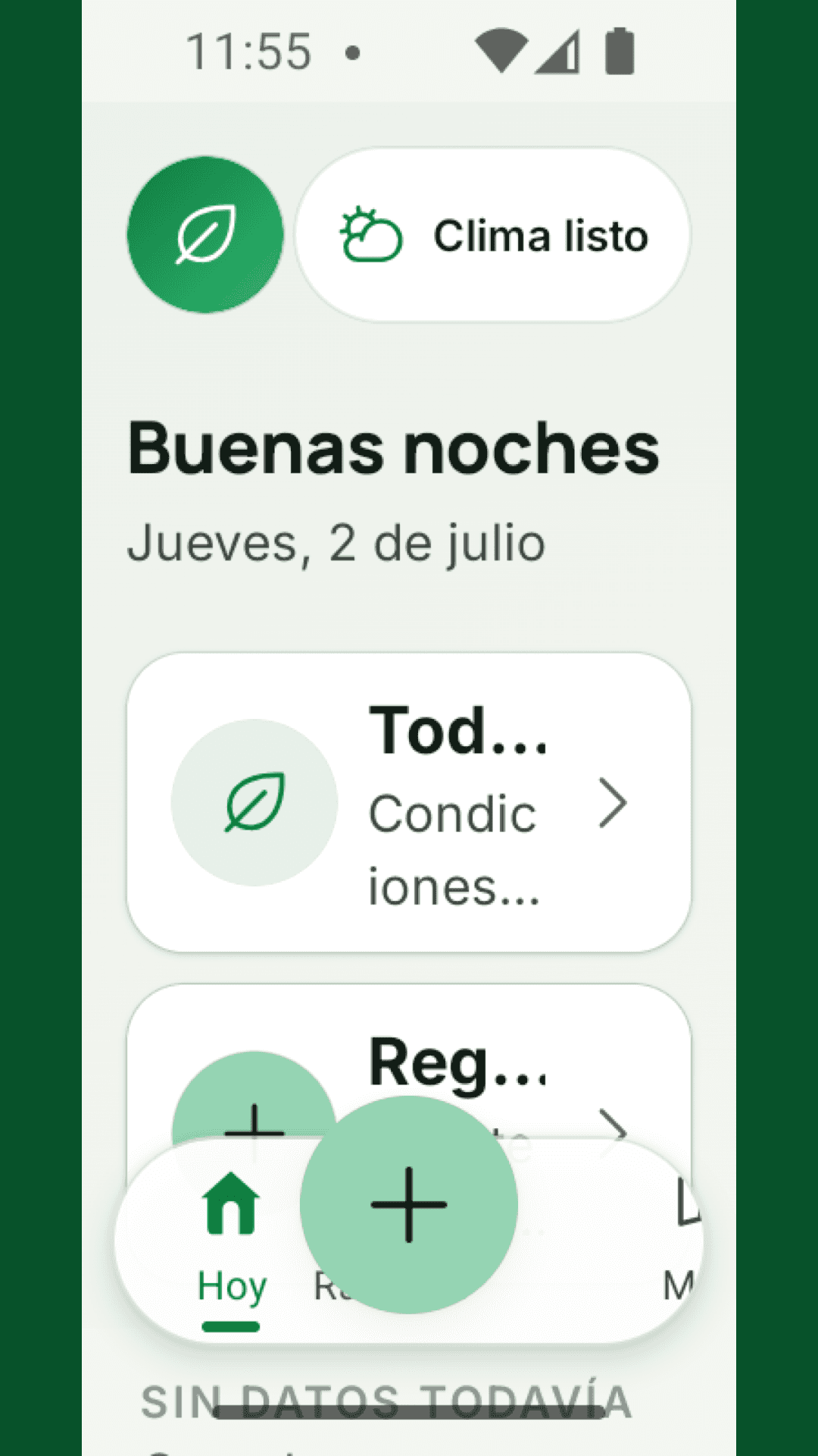 Pantalla real de RanchUP con resumen del día, clima y tareas.