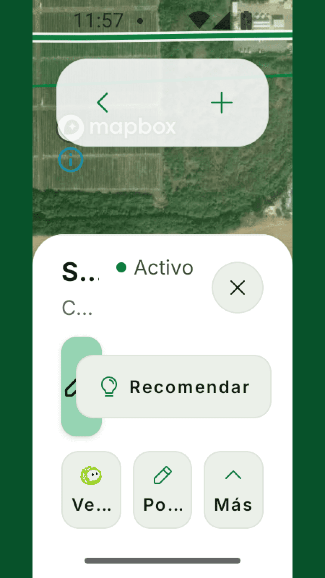 Pantalla real de RanchUP mostrando una parcela y sus acciones de campo.